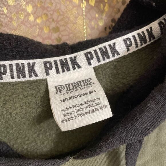 PINK Victorias Secret Army Green Black Cropped Hooded Sweater, XS - Picture 3 of 5